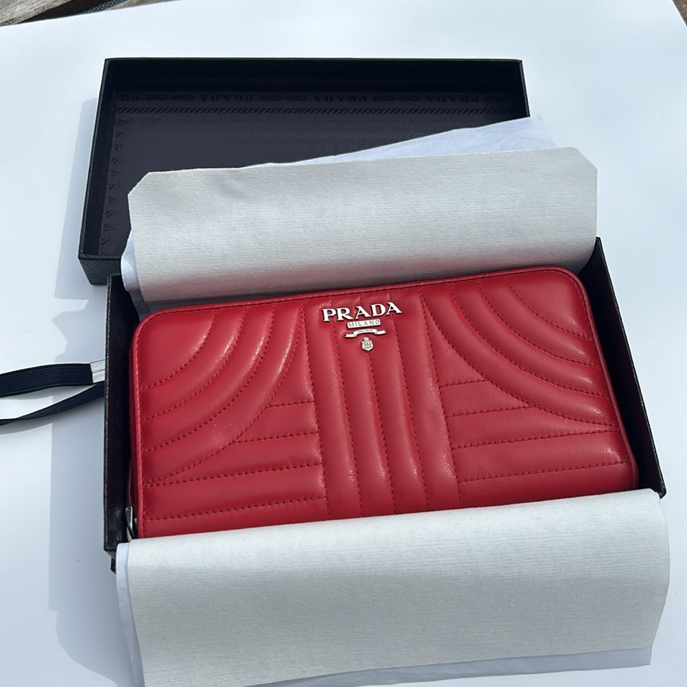 Prada Red Calfskin Diagram Zip A Round Wallet